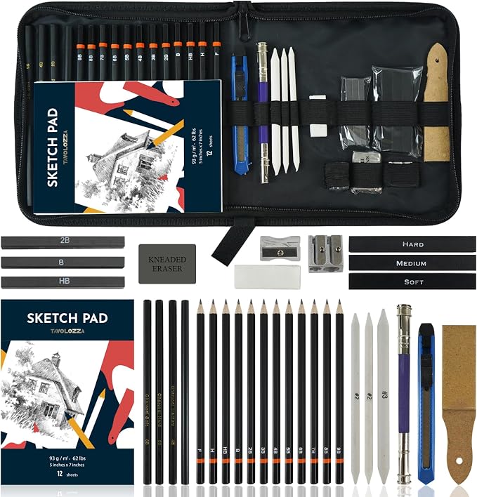 Tavolozza Drawing Art Pencils Set, 34 Pack Professional Drawing and Sketch Pencil Set in Soft-Sided Art Portfolio Storage Bags for Kids, Teens and Adults.
