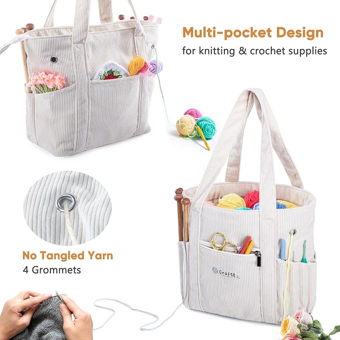MYBAGZING Crochet Bag and Tote - Corduroy Yarn Bag - Yarn Holder and Storage for Crochet Hooks, Knitting Accessories - Mother's Day Gift