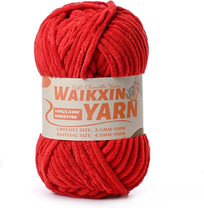 （Red） Super Soft Fuzzy Chenille Chunky Yarn for Crocheting, 100g (87yds) Fluffy Velvet Yarn for Hand Knitting Baby Blankets Weaving Craft