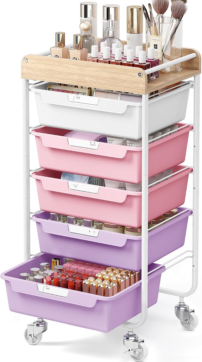 SYKIARIOL Utility Cart with 5 Labeling Drawers and Wooden Tabletop,Purple | Rolling Storage Cart for Crafters, Artists, Kids, Teachers, and Students – Organize Arts, Crafts, Sewing & Study Supplies