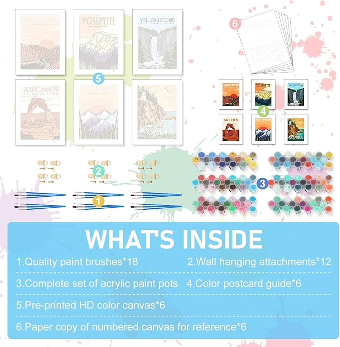 Offito 6 Pack Paint by Numbers Kit for Adults, National Park, 10x14 Inch | Acrylic Number Painting Set, DIY Canvas Art Craft Kit, Beginner Friendly, Home Wall Decor, Stress Relief Relaxing Hobby Gift