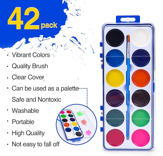 42 Pack Watercolor Paint Set Bulk for Kids, 12 Colors Washable Water Colors | Non-Toxic Water Paint with Paintbrush, Water Color Paint Set for Kids, Beginners, Ideal for Party Favor, Classroom