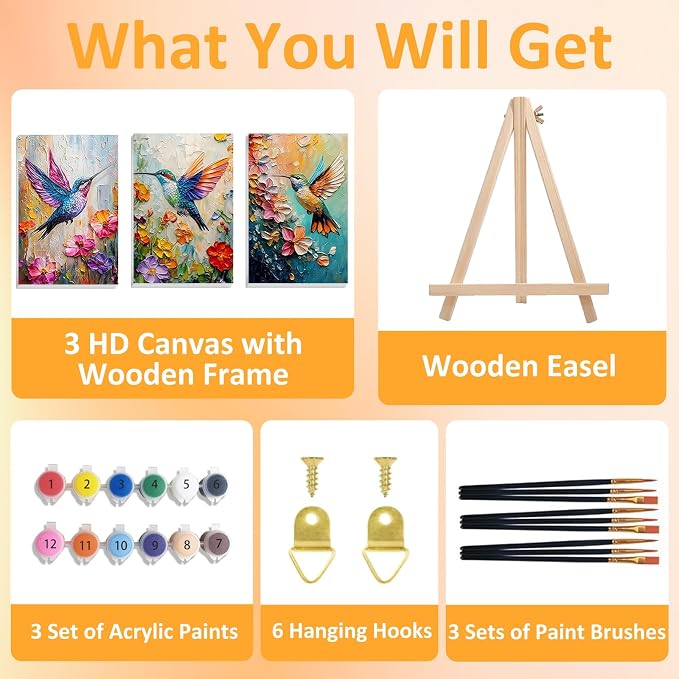 Mandun Hummingbird Paint by Numbers Kit for Adults, 3 Pack, 7.8x11.8 inch | DIY Painting Kits Crafts for Adults, Relieve Stress, Frame Canvas, Wooden Easel, Gift Box, Home Wall Decor