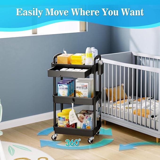 SUNALLY 3 Tier Rolling Cart with Drawer, Craft Storage Cart Organizer,Black