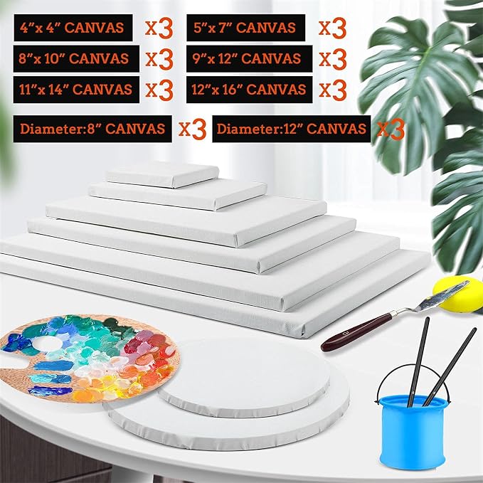 24 Pack Canvases for Painting with 4"x4", 5"x7", 8"x10", 9"x12", 11"x14", 12"x16", Round Canvas with 12"x12", 8"x8", Painting Canvas for Oil & Acrylic Paint.