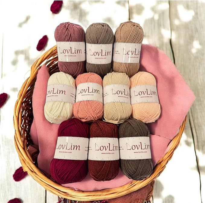 Milk-Cotton Crochet Yarn Kit, 10x50g Skeins DK Weight, 1250+ Yards, Hooks, Needles & Safety Eyes, 40+ Free Patterns, for Amigurumi, Crocheting & Knitting - Pinkish Brown Palette