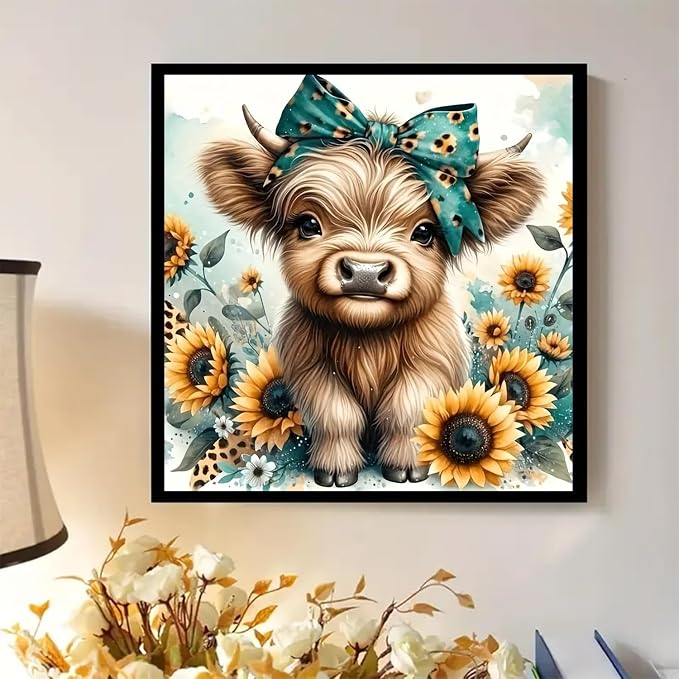 Diamond Art Painting Kits for Adults, Cow 5D Diamond Painting Dots Art Kits | DIY Highland Cow Full Round Gem Crystal Art paint by Diamond, Home Wall Decor 12 x 12 In