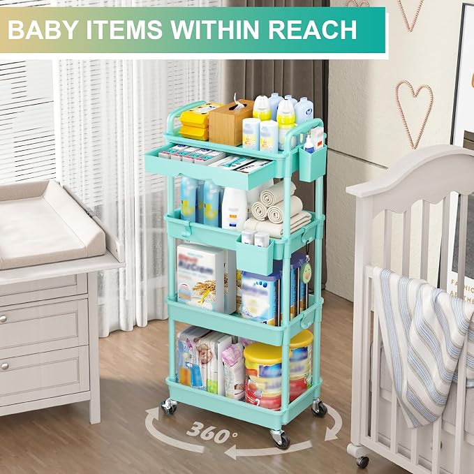 Goovilla 4 Tier Rolling Utility Cart Organizer with Removable Drawer, Blue | Stable and Sturdy Rolling Storage Carts with 2 Lockable Wheels for Bathroom, Kitchen, Snack, Craft, Makeup, Baby Essentials