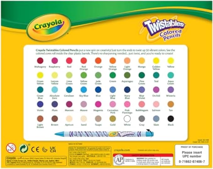 Crayola Twistables Colored Pencil Set (50ct), Cool Back to School Supplies for Kids, No Sharpen Colored Pencils for Girls & Boys, 4+ [Amazon Exclusive]