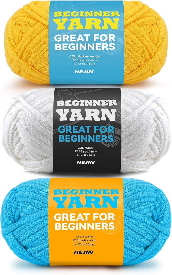 3x60g Yellow+White+Blue Yarn for Crocheting and Knitting;3x66m (72yds) Cotton Yarn for Beginners with Easy-to-See Stitches;Worsted-Weight Medium #4;Cotton-Nylon Blend Yarn for Beginners Crochet Kit