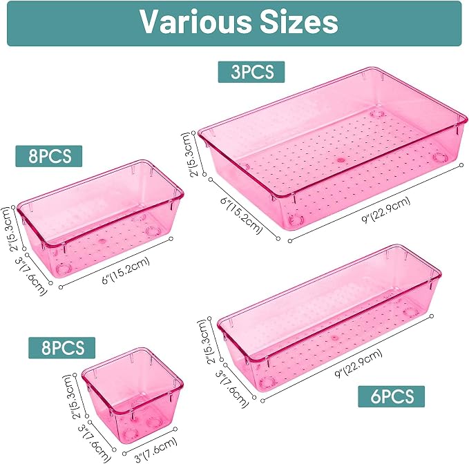 25 PCS Plastic Drawer Organizer Set, Makeup Organizers and Storage Bins | 4 Sizes Desk Drawer Divider Organizers and Storage Bins for Jewelry, Gadgets for Kitchen, Bedroom, Bathroom, Clear Pink