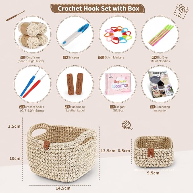 27PCS Crochet Basket Kit for Beginners,Beige Square Basket,Gift Box Package
