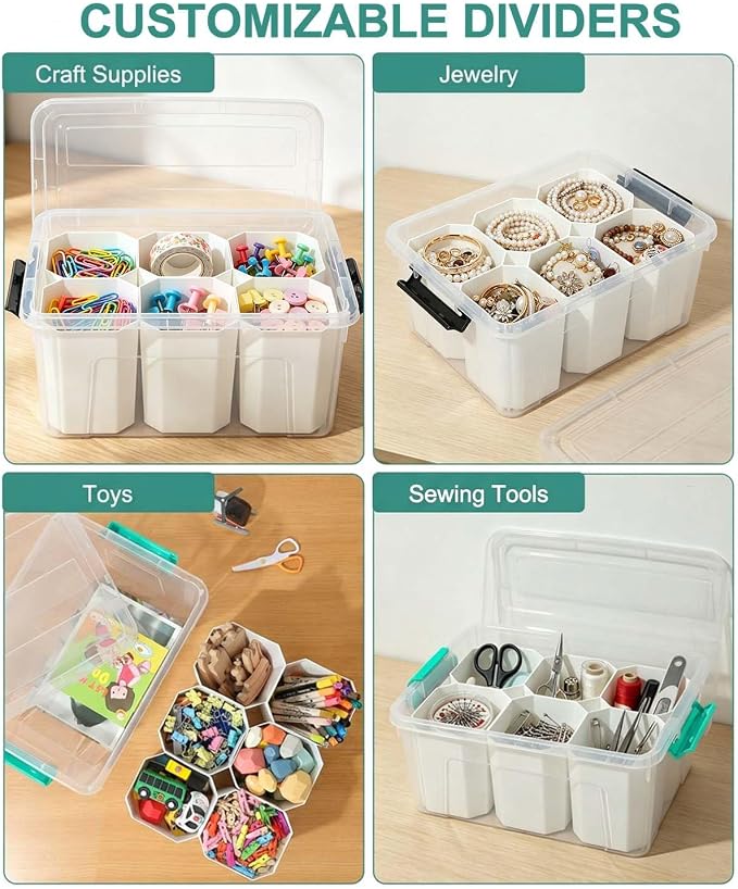 EOENVIVS Clear Storage Boxes with 6 Tall Inserts, Large Plastic Organizer Box with Lid and Handles, 15.94x11.61x7.28 Inches, Multi-Functional Container for Cosmetics, Toys, School Supplies