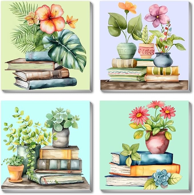 Fotasmua 4 Pack Framed Paint by Numbers for Adult, Book Paint by Numbers Kit for Adults Kids, DIY Flowers Plant Acrylic Painting on Canvas for Home Wall Art Decor 8 x 8 Inch