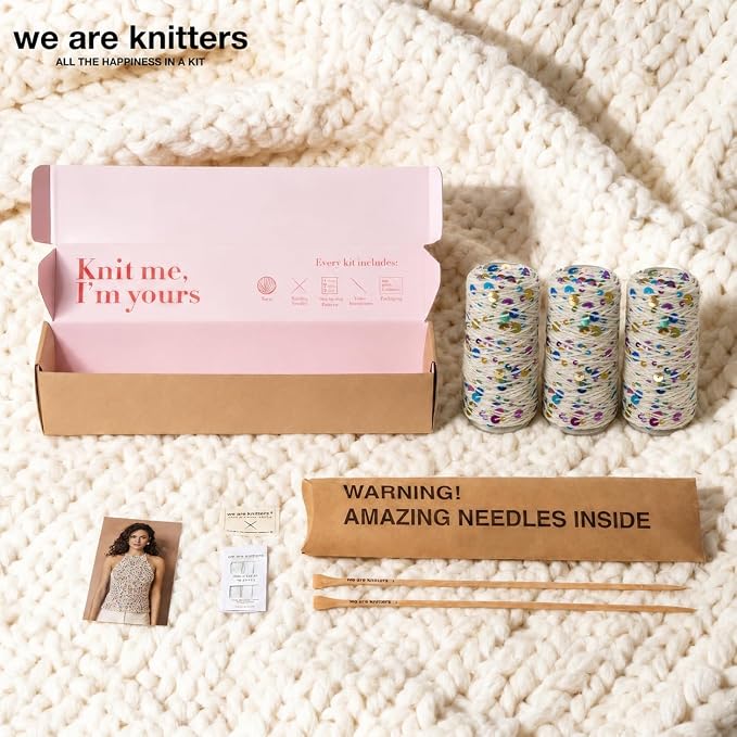 We Are Knitters Briolette Top Knitting Kit | Limited Edition DIY Knitting Kit for Women | Beginner-Friendly Top Kit with 3 Dancing Queen Opalite Cotton Yarn, Pattern & 1 Needles