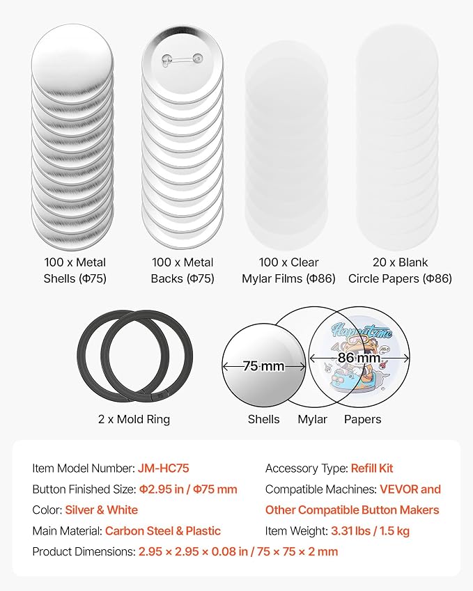 VEVOR Button Maker Supplies 100 Sets 3 in / 75 mm Pin Back Button Parts, with Metal Backs, Metal Shells, Clear Mylar Films, and Blank Circle Papers, for Home DIY, School Events, and Custom Studio