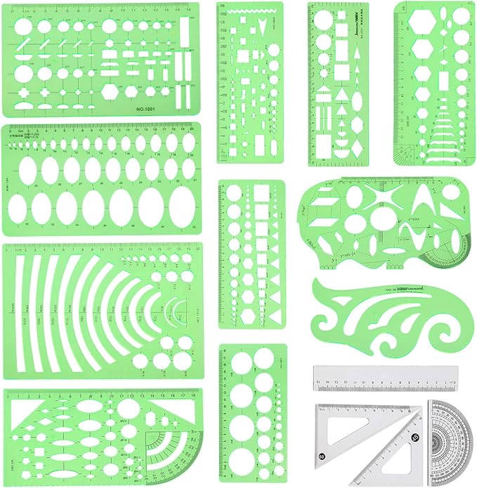 Angrox Geometric Drawings Templates Measuring Geometry Rulers 15 Pcs with 1 Pack File Bag for Design School Studying Office Building…