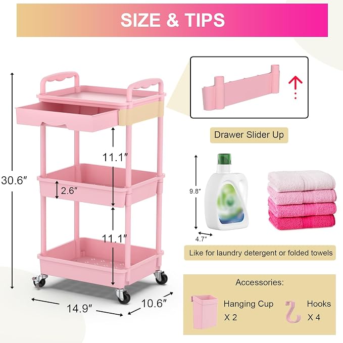 Goovilla 3 Tier Rolling Utility Cart Organizer with Removable Drawer, Pink | Stable and Sturdy Rolling Storage Carts with 2 Lockable Wheels for Bathroom, Kitchen, Snack, Craft, Makeup, Baby Essentials