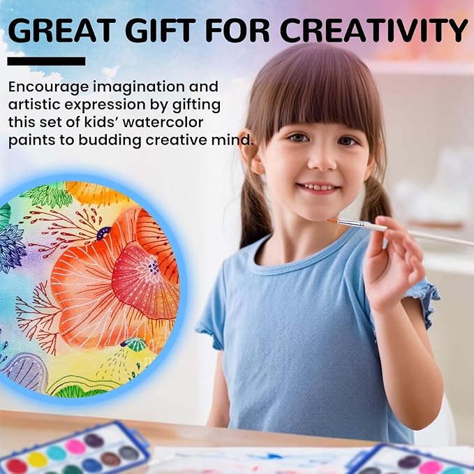 VEESA 12-Colors Watercolor Paint Set for Kids, 12 Pack，Washable | Non-Toxic, Wood Brushes Included, for Classroom, Party Favors, Birthday Gifts