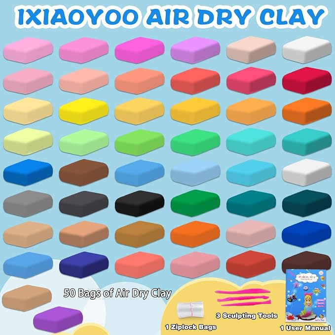 Ixiaoyoo Air Dry Clay, 50 Colors Foam Modeling Clay for School Projects