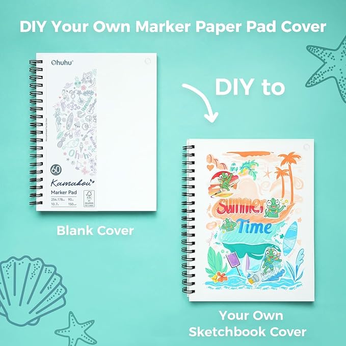 Ohuhu 7"x10" Double-Sided Bleedproof Marker Pad Art Sketchbook 60 Sheets | Large Sketch Book - 90 LB/150 GSM Smooth Drawing Paper - 60 Sheets/120 Pages - Spiral-Bound Sketch Pad for Alcohol Markers