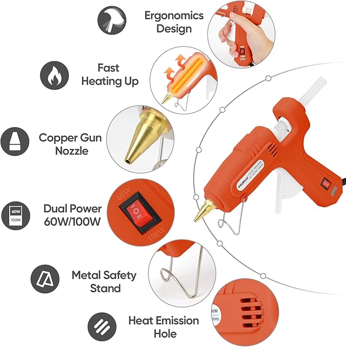 RoMech 60/100W Dual Temp Hot Glue Gun and Sticks Set, Full Size with Case