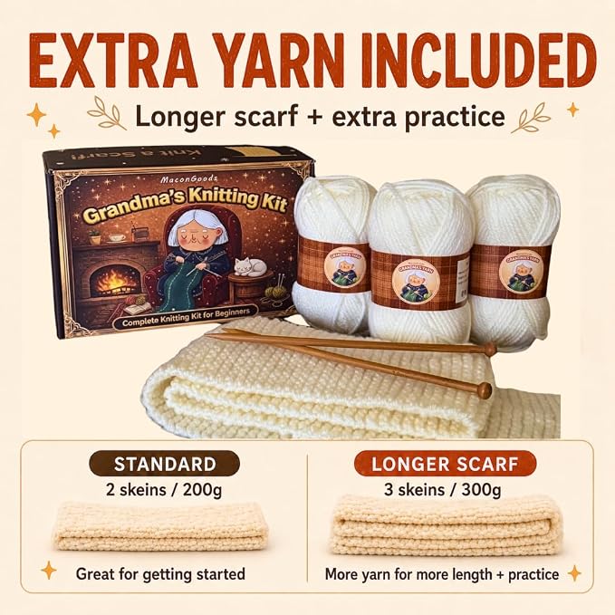 MaconGoods Grandma's Knitting Kit - Longer Scarf Kit - Complete Knitting Kit for Beginners - Includes Beginner Yarn, Bamboo Needles, Video Tutorial & Guide - Easy to Learn Knit Kit