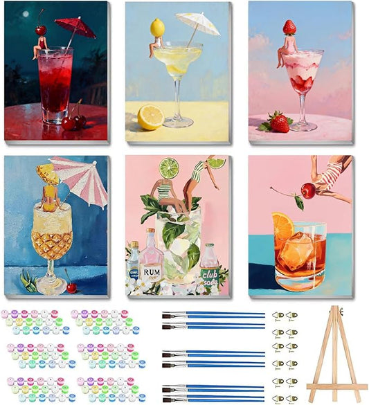 6 Pack Cocktail Framed Paint by Numbers Kits for Adults Beginners, Cocktail Adults Paint by Number Kits on Canvas with Wooden Easel, DIY Acrylic Oil Painting Kits for Home Wall Decor (8x12 inch)
