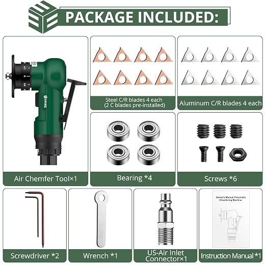 EYPINS Mini Pneumatic Chamfering Tool – 16pcs C&R-angle Blades Straight 45° Arc Beveling,Metal Air Chamfer 30000 RPM,Edge Deburring for Copper,Aluminum,Steel,Wood,Acrylic,1/4" Inlet,Precision,Quieter