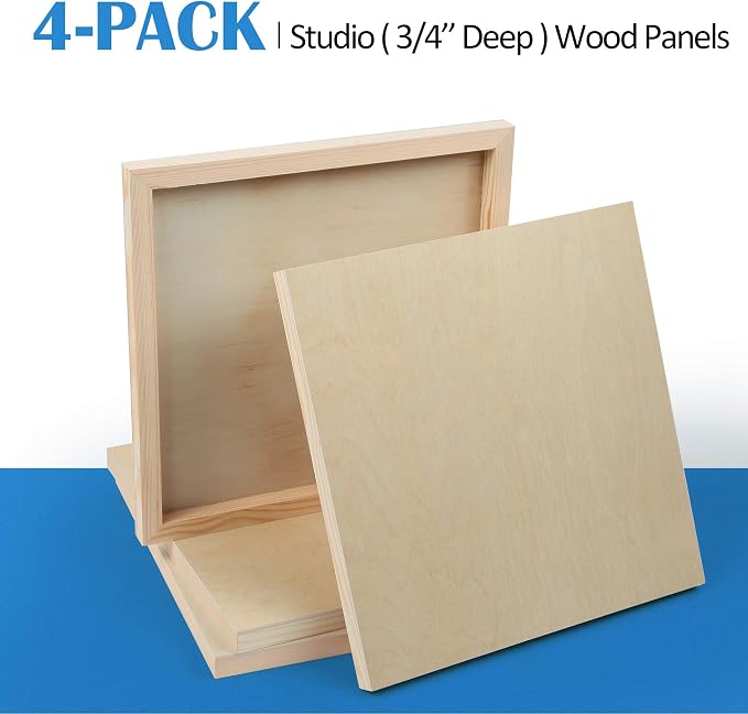 Falling in Art 4 Pack 12x12’’ Unfinished Birch Wood Panels Kit for Painting | Studio 3/4’’ Deep Wooden Canvas, Cradle Boards for Acrylic Pouring, Art, Crafts, Epoxy Resin, Laser Engraving Cutting