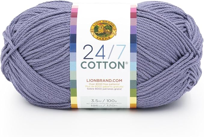 Lion Brand Yarn, 24/7 Cotton Yarn, Blue Grey, Purple Toned Gray, 1 Pack