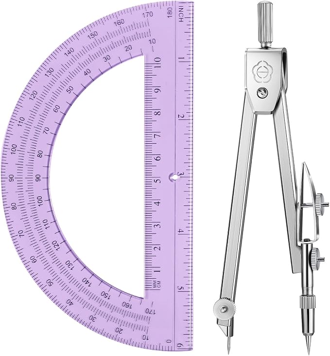 EBOOT Drawing Compass and 6 in Protractor Geometry Set, Purple | Geometry Math Set, Swing Arm Protractor Ruler Compass, Geometry Drawing Tools for Measuring Angles