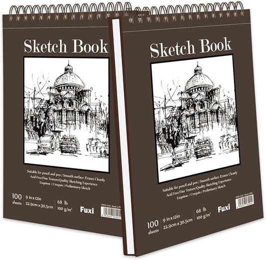 9" x 12" Sketch Book, Top Spiral Bound Sketch Pad, 2 Packs 100 Sheets Each (68lb/100gsm), Acid Free Art Sketchbook Artistic Drawing Painting Writing Paper for Kids Adults Beginners Artists