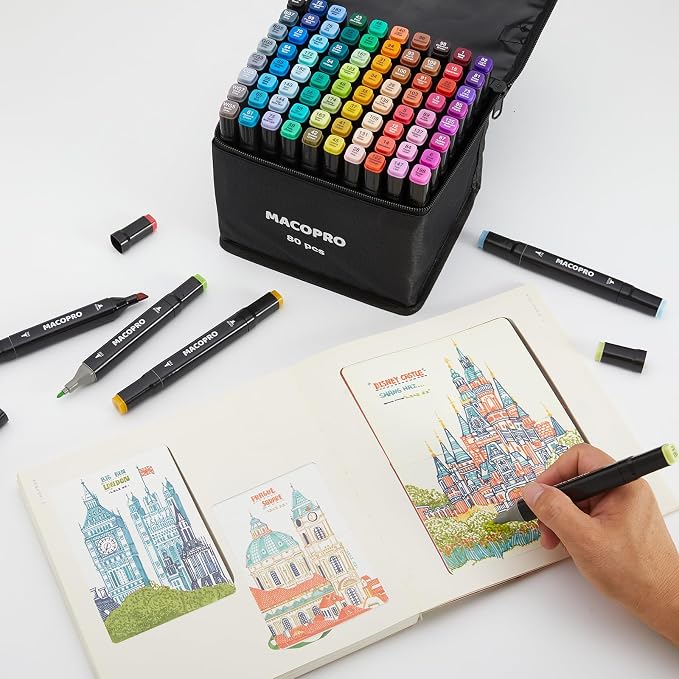 Alcohol Markers, 80 Colors Dual Tip Art Coloring Markers Set for Adult Book Drawing Sketching Painting, Chisel & Fine, Black Penholder (80)
