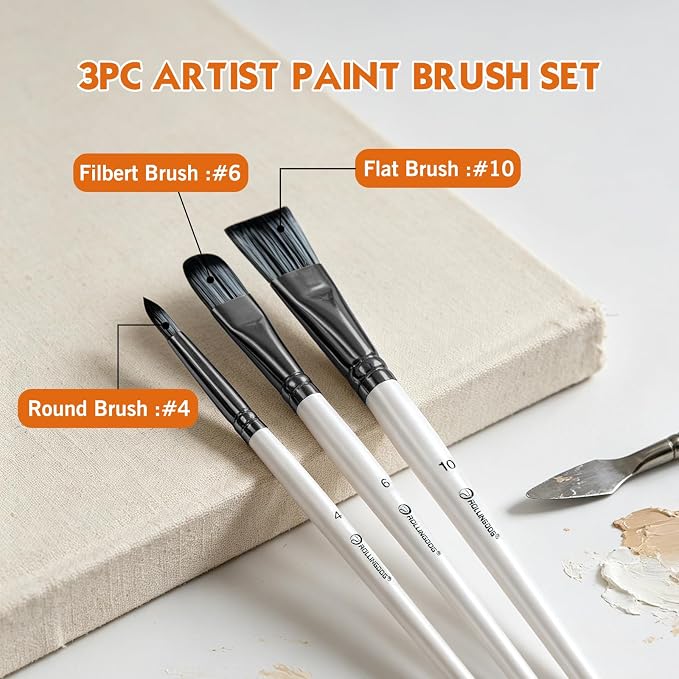 ROLLINGDOG 3PC Artist Paint Brush Set | Flat brush #10,,Filbert brush #6,Round brush #4