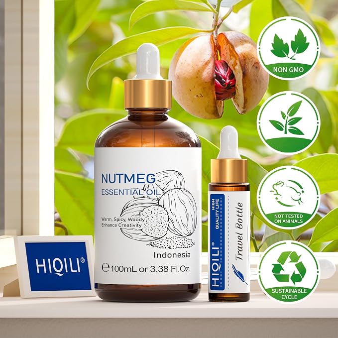HIQILI Nutmeg Essential Oil for Aromatherapy Diffuser,Massage & Skin Care