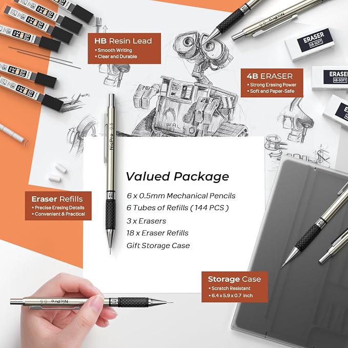 Nicpro 0.5 mm Art Mechanical Pencils Set in Case, 6 PCS | Metal Drafting Pencil Lead Pencil 0.5 + 6 Tube HB Refill, Erasers, Comfort Grip For School Writing, Artist Drawing Sketching