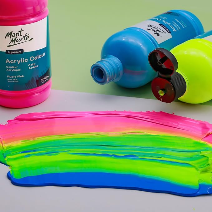 Mont Marte Signature Fluoro Green Acrylic Paint, 16.9oz (500ml), Semi-Matte Finish, 12 Colors, Suitable for Canvas, Wood, Fabric, Leather, Cardboard, Paper, MDF and Crafts