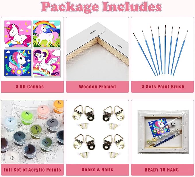 4 Pack Cartoon Paint by Number for Kids with Wooden Frame - Wooden Easel | Paint by Numbers for Kids Ages 4-8-12, Easy Painting with Numbers DIY Oil Painting Kits for Home Wall Decor (8X8 inch)