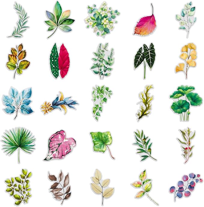 50Pcs Fresh Leaf Transparent Stickers Pack,Aesthetic Green Leaf Decor for Laptop Gifts for Kids Teens Adults Waterproof Vinyl PET Foliage Stickers for Scrapbook Bike Party (Colourful-F2)