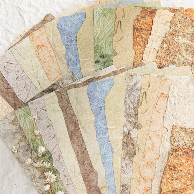84 Sheets Vintage Textured Scrapbook Paper, 3D Embossed | 2.4 x 3.2 & 3.4 x 4.9 in | Deckled Edge | Coffee-Stained & Fiber Textures | Junk Journaling | Mixed Media | Collage
