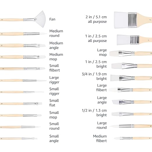 Amazon Basics Multi-shaped Polyester Paint Brushes for Acrylic, Oil, Watercolor, Gouache, Fine Detailing, Face Painting, 24 Count Different Sizes, Wood Color