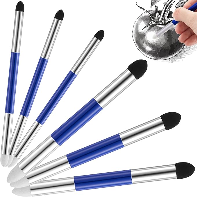 Kosiz 6 Pcs Blending Sponge Pen Rub and Buff Double Headed, Blue | Washable Sponge Tips, Art Drawing Shading and Highlight Tools, Smooth Color Blending, Reusable Blending Tools for Oil Pastels