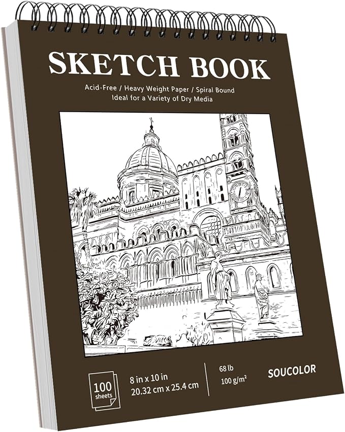 Soucolor 8x10 Sketch Book, 100 Sheets, 68lb Acid-Free Spiral Bound Pad | 68lb acid-free paper, no bleed-through, lay-flat spiral binding — perfect for kids, students & artists. Portable 8x10 size