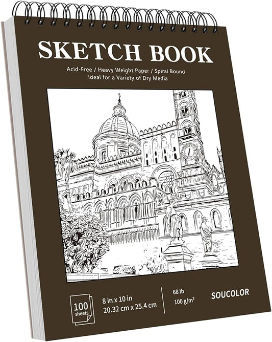 Soucolor 8x10 Sketch Book, 100 Sheets, 68lb Acid-Free Spiral Bound Pad | 68lb acid-free paper, no bleed-through, lay-flat spiral binding — perfect for kids, students & artists. Portable 8x10 size