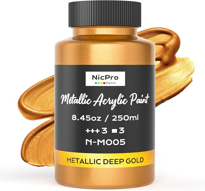 Nicpro Metallic Deep Gold Acrylic Paint, 8.45oz/250ml Large Gold Leaf Paint | Non Toxic, Non Fading Craft Paints for Metal, Wood, Clay, Fabric, Canvas, Furniture, Handcrafts, Art Supplies