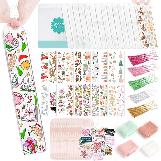 180 Pcs Acrylic Bookmark Blanks- 20 Set Bookmark Making Kit with 20 UV DTF Stickers About Christmas Theme 20 Tassels 20 Ribbon 80 Bookish Stickers for DIY Your Crafts Gift for Book Lover