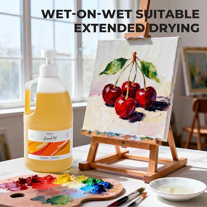 Nicpro Refined Linseed Oil for Painting, 33.8oz/1000ml with Pump | Painting Medium for Thinning Oil Paints & Glazing, Improves Flow, Transparency & Gloss, Linseed Oil for Wood Finish