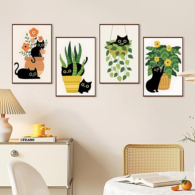 4 Pack Paint by Numbers Kit for Adults with Frame, Black Cat & Green Plant | DIY Acrylic Painting Kit with Wooden Easel, Framed Paint by Number for Beginners, Home Wall Decor & Gift, 8 x 12 Inch