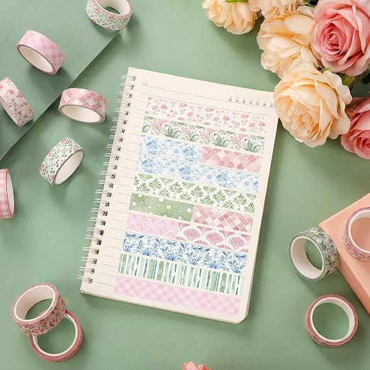 12 Rolls Floral Washi Tape Set,Pink,Blue and Green,Garden | Watercolor Flowers Design for Scrapbook Journal DIY Craft School Supplies, 15 mm Vintage Decorative Masking Washi Tapes